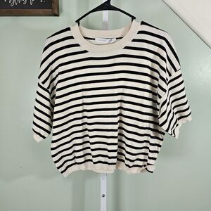Alter'd State Women's Cropped Knit Short Sleeve Sweater Black/Cream Size XL